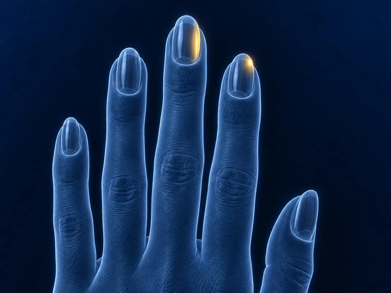 The same hand through a master’s eyes: the nails seen through, overloaded spots glowing gold
