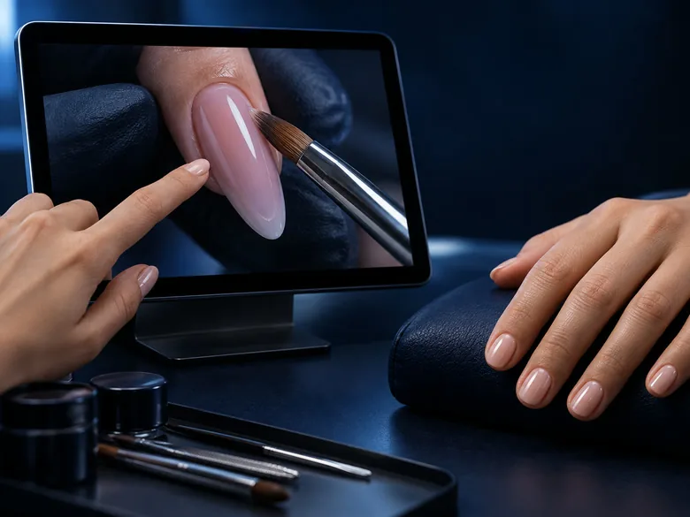 A nail artist pauses a video lesson; beside her, a client’s hand — her nails are not like the ones in the lesson